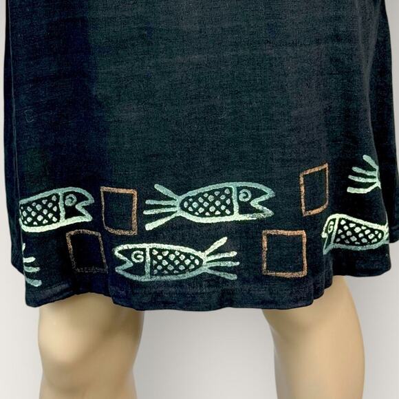 Blue Cactus Vintage 100% Linen Short Sleeve Hand Paint Shift Dress Size PS Black - Picture 5 of 15